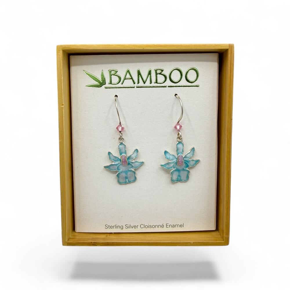 Turquoise Orchid Dangle Earrings Sterling Silver Artisan Cloisonne Enamel Flower
